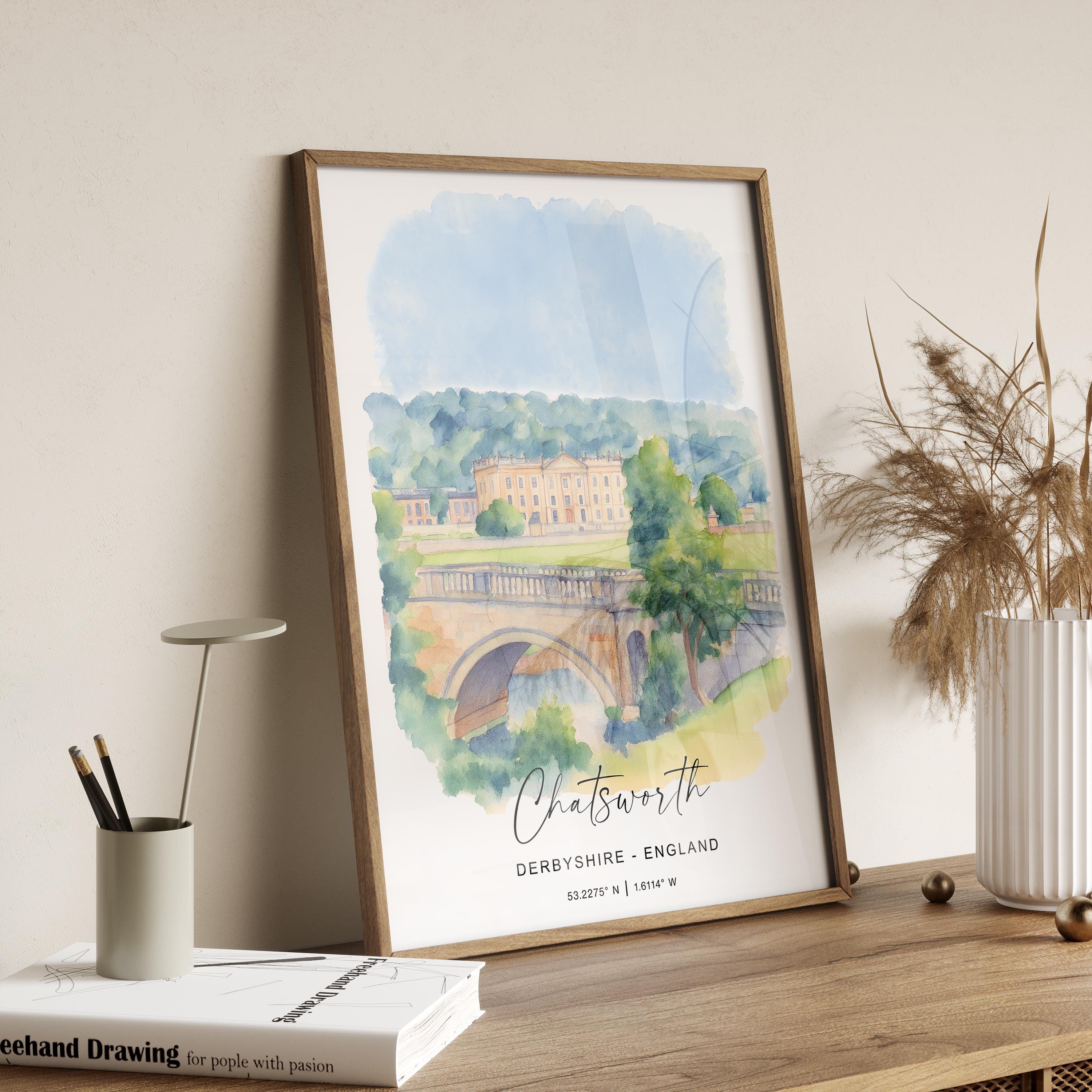 Chatsworth Travel Print Wall Art, Travel Poster of Chatsworth, England, Peak District Art Lovers Watercolour Gift, English Countryside NQ Media Designs