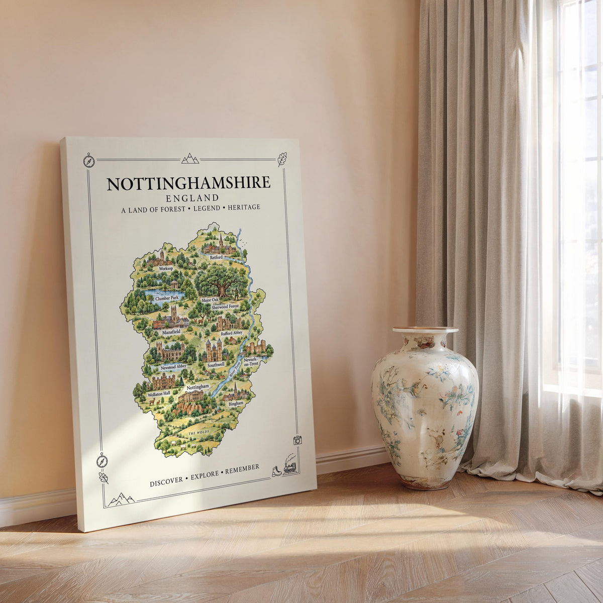 Nottinghamshire Illustrated Map Print, England Wall Art, Sherwood Forest Map Poster, Framed or Canvas Print, Notts Gift