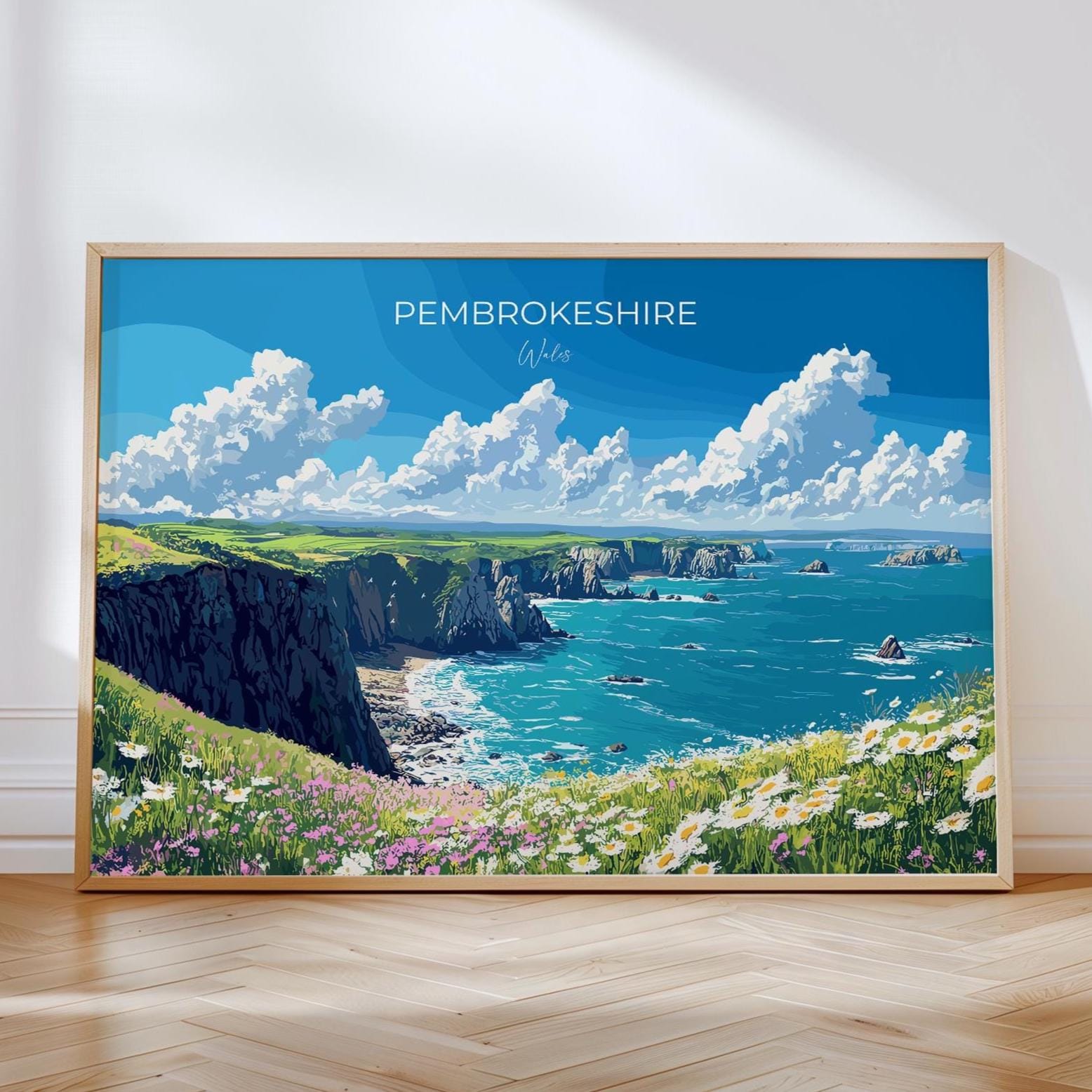 Pembrokeshire Landscape Travel Print, Travel Poster of Pembrokeshire, Wales, Pembrokeshire Art Lovers Gift, Wales Gift Art, Wall Art Print NQ Media Designs