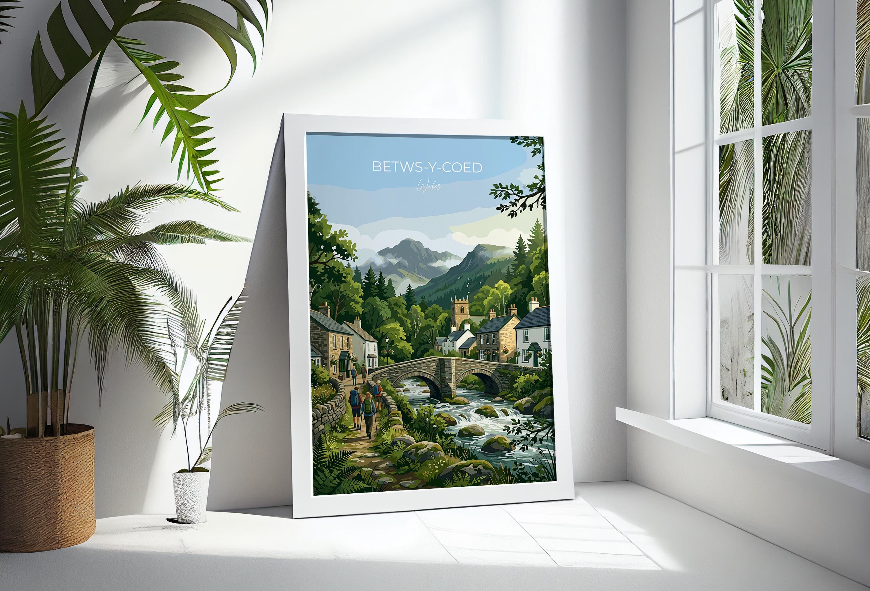 Betws-y-Coed Wales Print, Pont-y-Pair Bridge Poster, Snowdonia Wall Art with Border, Welsh Village Print, North Wales Gift Print