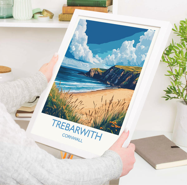 Trebarwith Travel Print, Travel Poster of Trebarwith, England, Cornwall Art, Trebarwith Art Lovers Gift, Wall Art Print