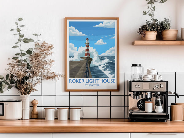 Roker Lighthouse Travel Print Wall Art, Travel Poster of Roker Pier Lighthouse, Sunderland, Northern England, Tyne & Wear Art Gift