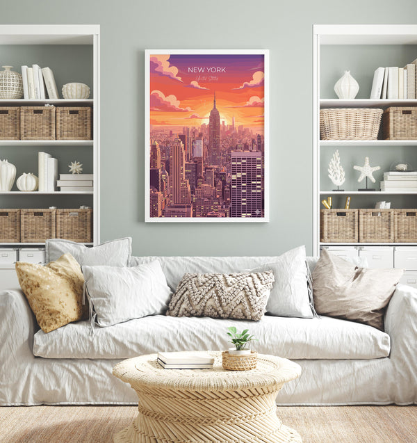 New York City Art Print, Manhattan Skyline Sunset Art Gift, Empire State Building Poster