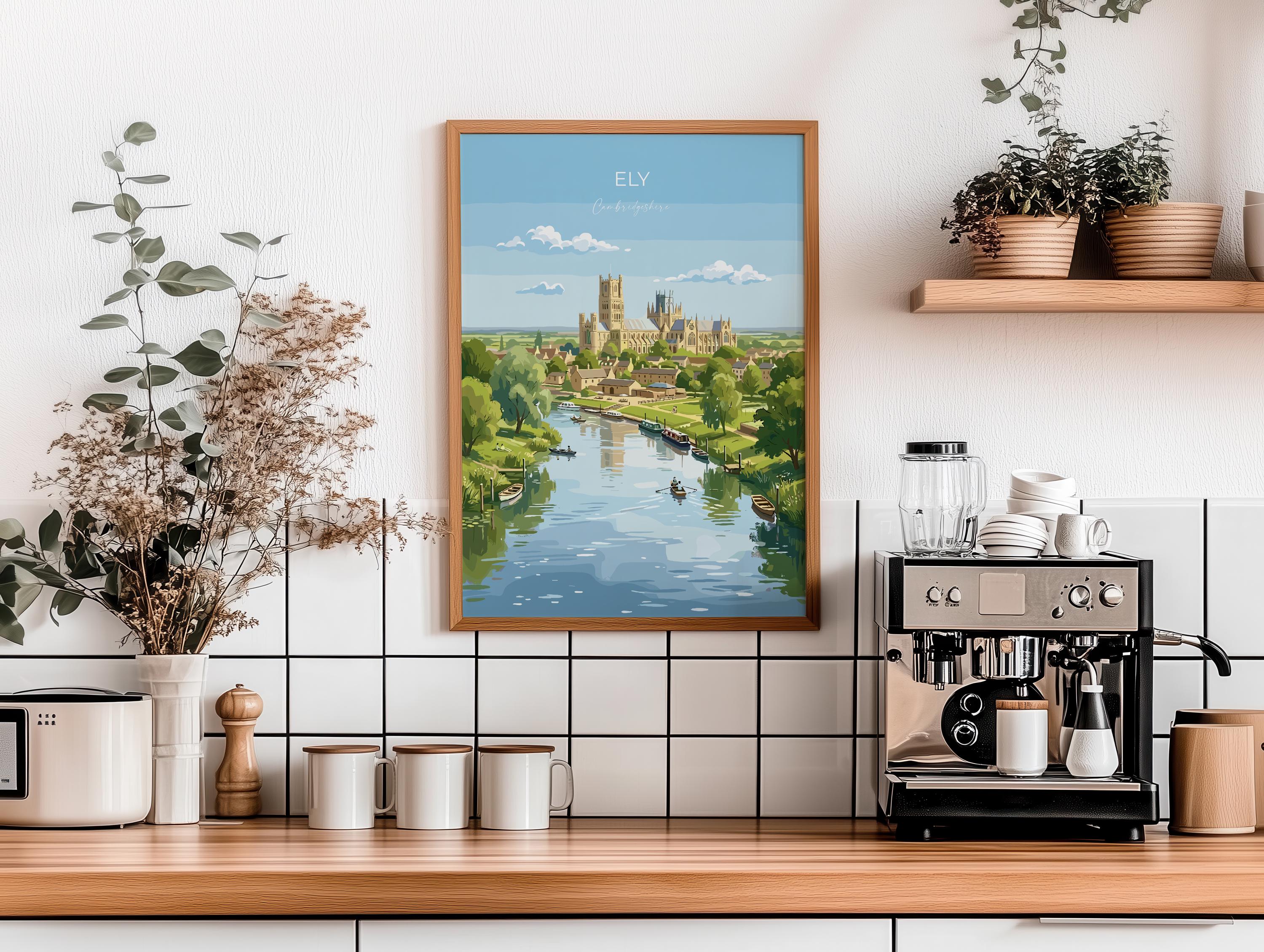 Ely Cathedral Travel Poster, Ely Cambridgeshire Wall Art, Historic England City Print, Gothic Cathedral Illustration, UK Decor, Ely Gift