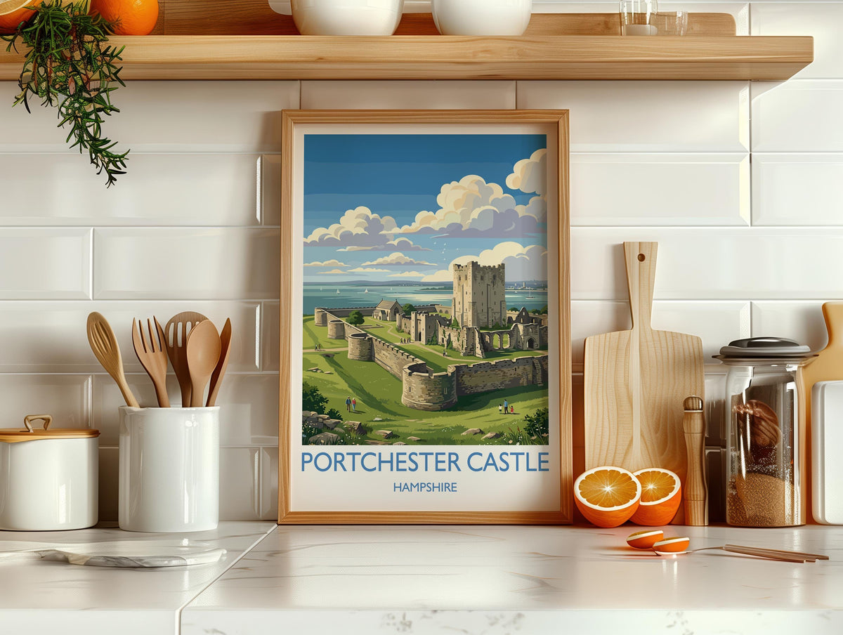 Portchester Castle Print, Hampshire Wall Art with Border, Norman Castle Poster, England Travel Print, Portchester Gift Print
