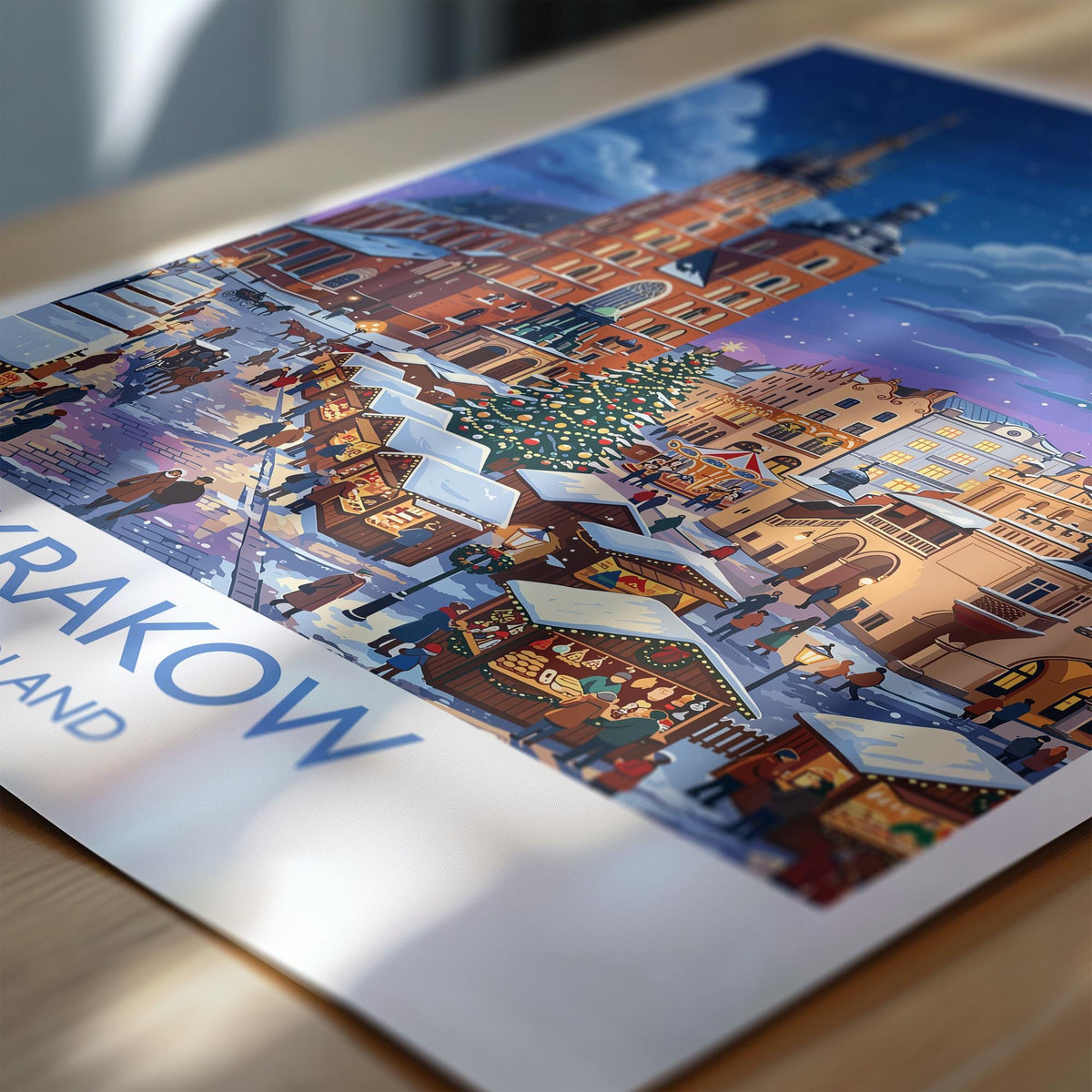 Krakow Christmas Market Print, Poland Winter Wall Art with Border, St Mary’s Basilica Poster, Festive Travel Print, Krakow Gift