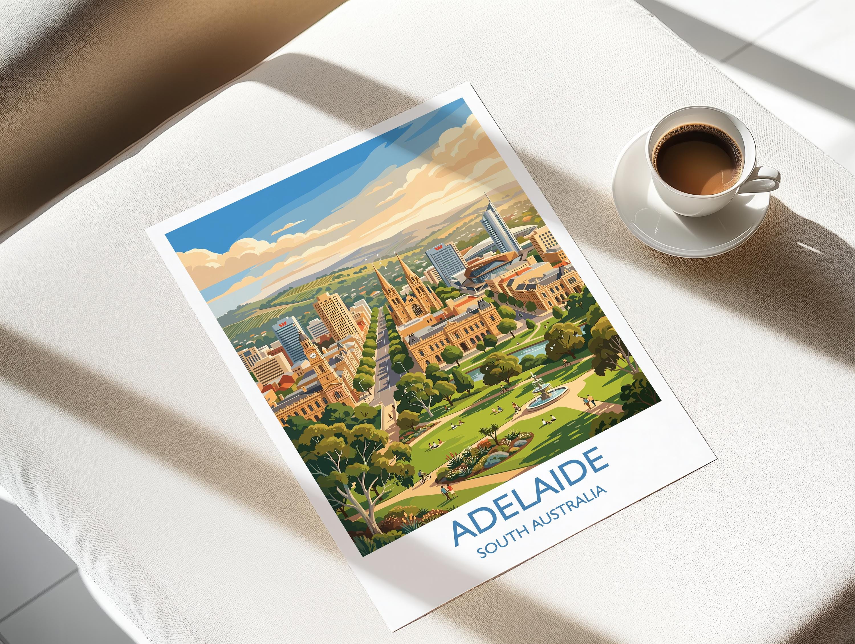 Adelaide Australia Travel Poster, Adelaide Skyline Wall Art, River Torrens Print, South Australia Cityscape Illustration, Australia Decor