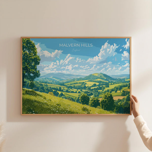 Malvern Hills Landscape Travel Poster Wall Art, Travel Print of Malvern Hills, Malvern Hills Art Lovers Gift, English Countryside