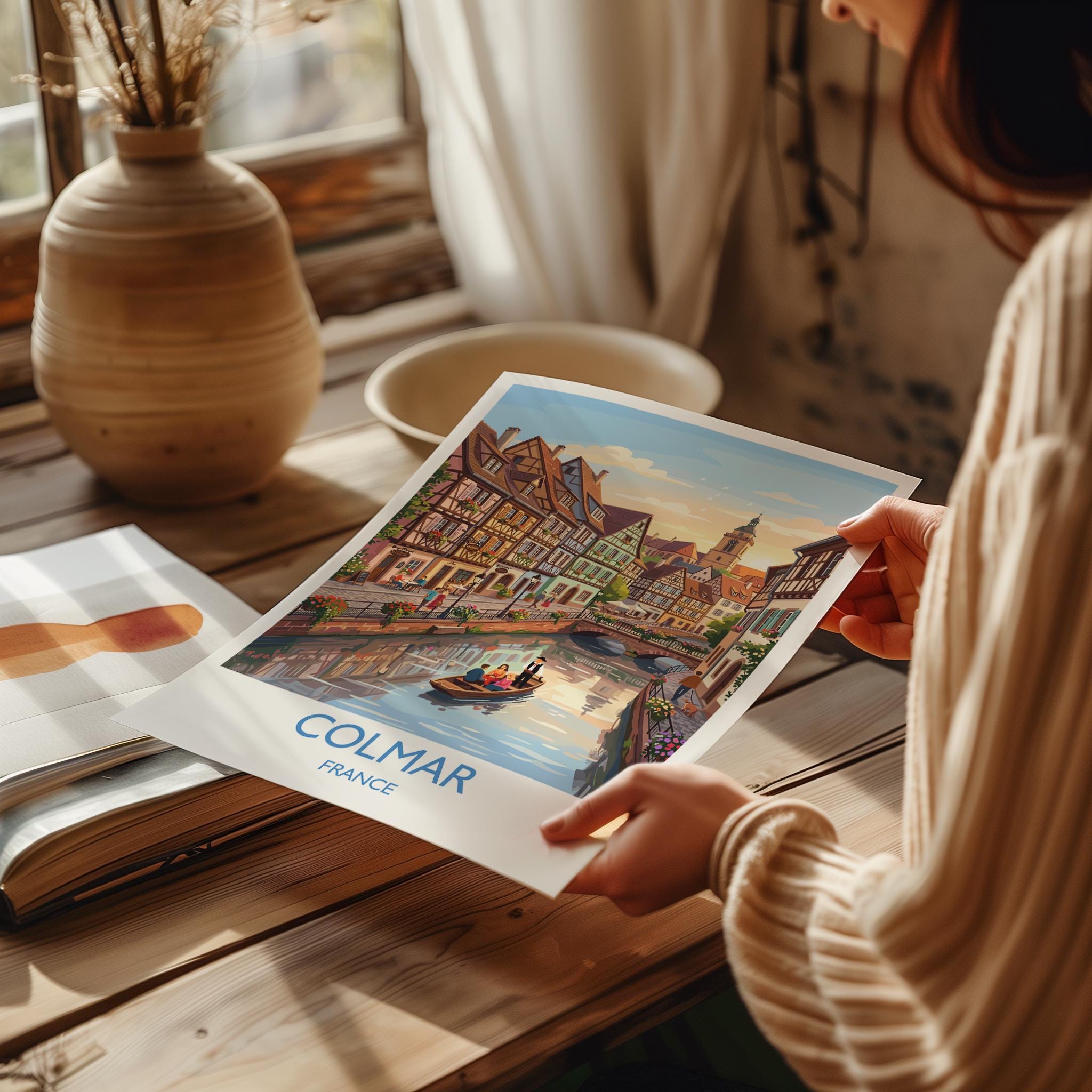 Colmar France Travel Poster, Alsace Village Wall Art, Little Venice Canal Print, Colourful Houses Illustration, Europe Decor