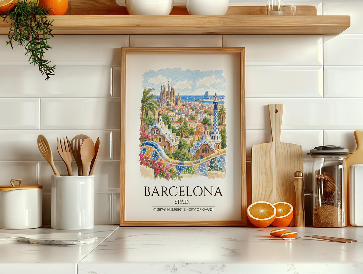 Barcelona Spain Watercolour Print, Sagrada Familia Wall Art, Park Güell Poster, Gaudí Architecture Print, Spanish Coordinates Print