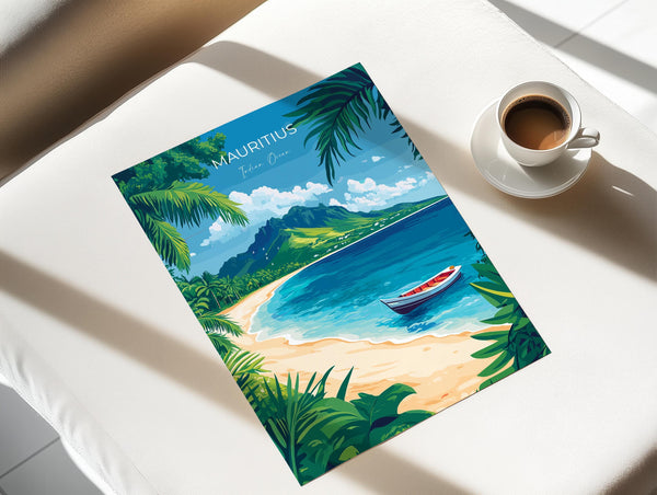 A travel brochure or magazine cover featuring a tropical beach scene with palm trees, a boat on the water, and a mountain in the background.