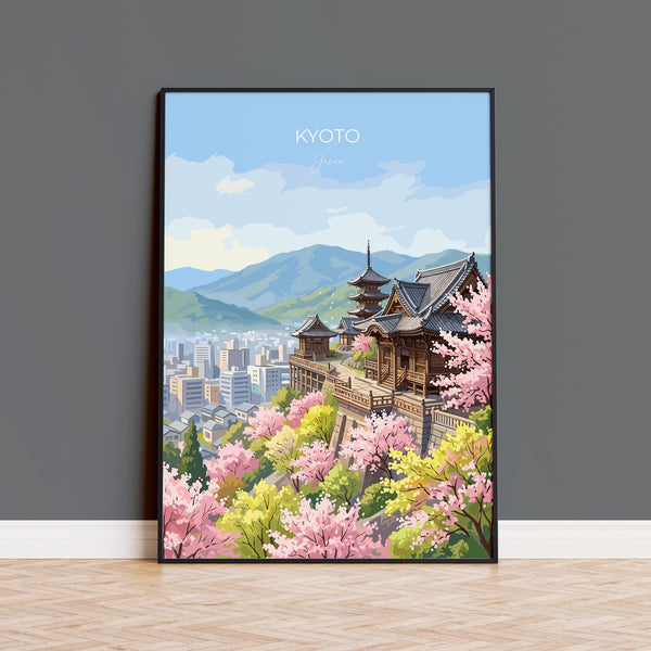 Kyoto Japan Travel Print, Cherry Blossom Temple Wall Art, Japanese Landscape Poster, Sakura Illustration, Asia Decor, Kyoto Gift