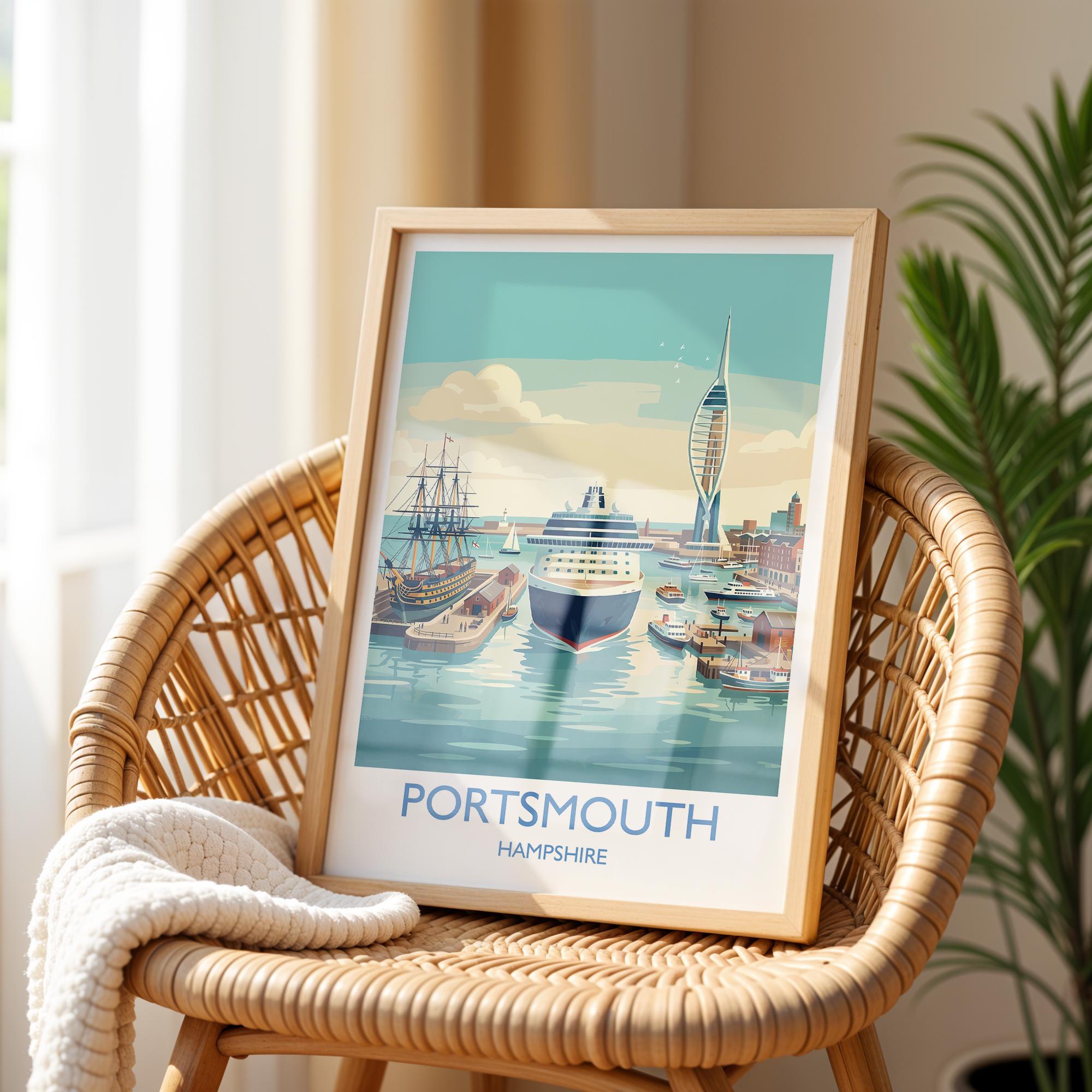 Portsmouth Travel Poster Print, Southsea & Spinnaker Tower Wall Art, Hampshire Coastal City Illustration, UK Travel Decor, Seaside Gift NQ Media Designs