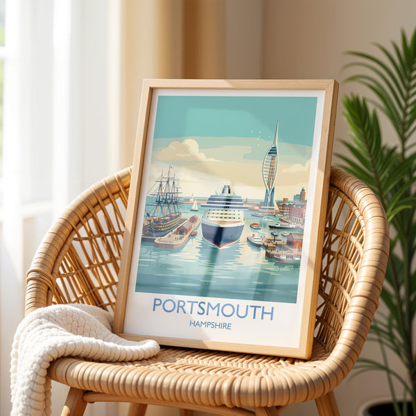 Portsmouth Travel Poster Print, Southsea & Spinnaker Tower Wall Art, Hampshire Coastal City Illustration, UK Travel Decor, Seaside Gift