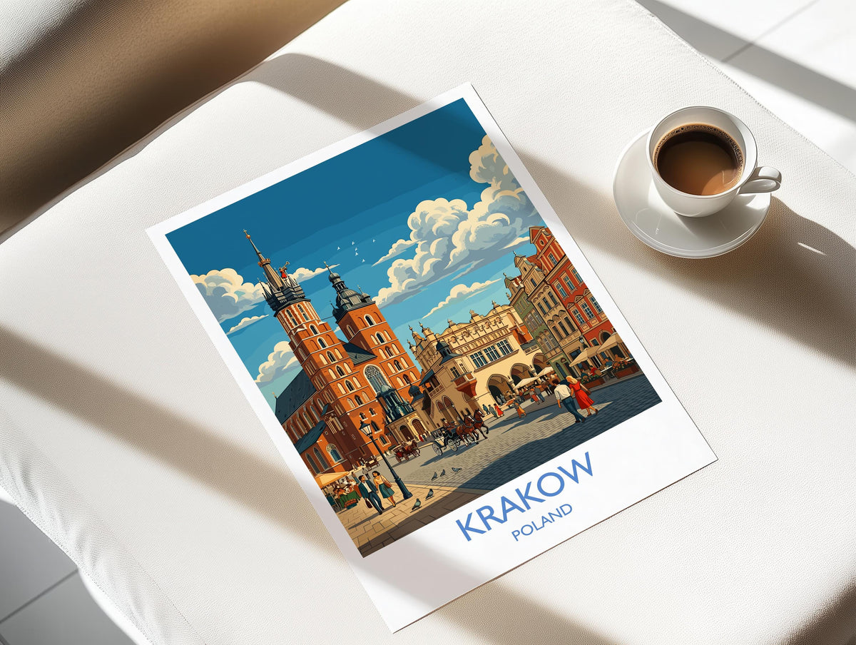 Krakow Poland Print, St Mary’s Basilica Wall Art with Border, Main Market Square Poster, Polish Travel Print, Krakow Gift