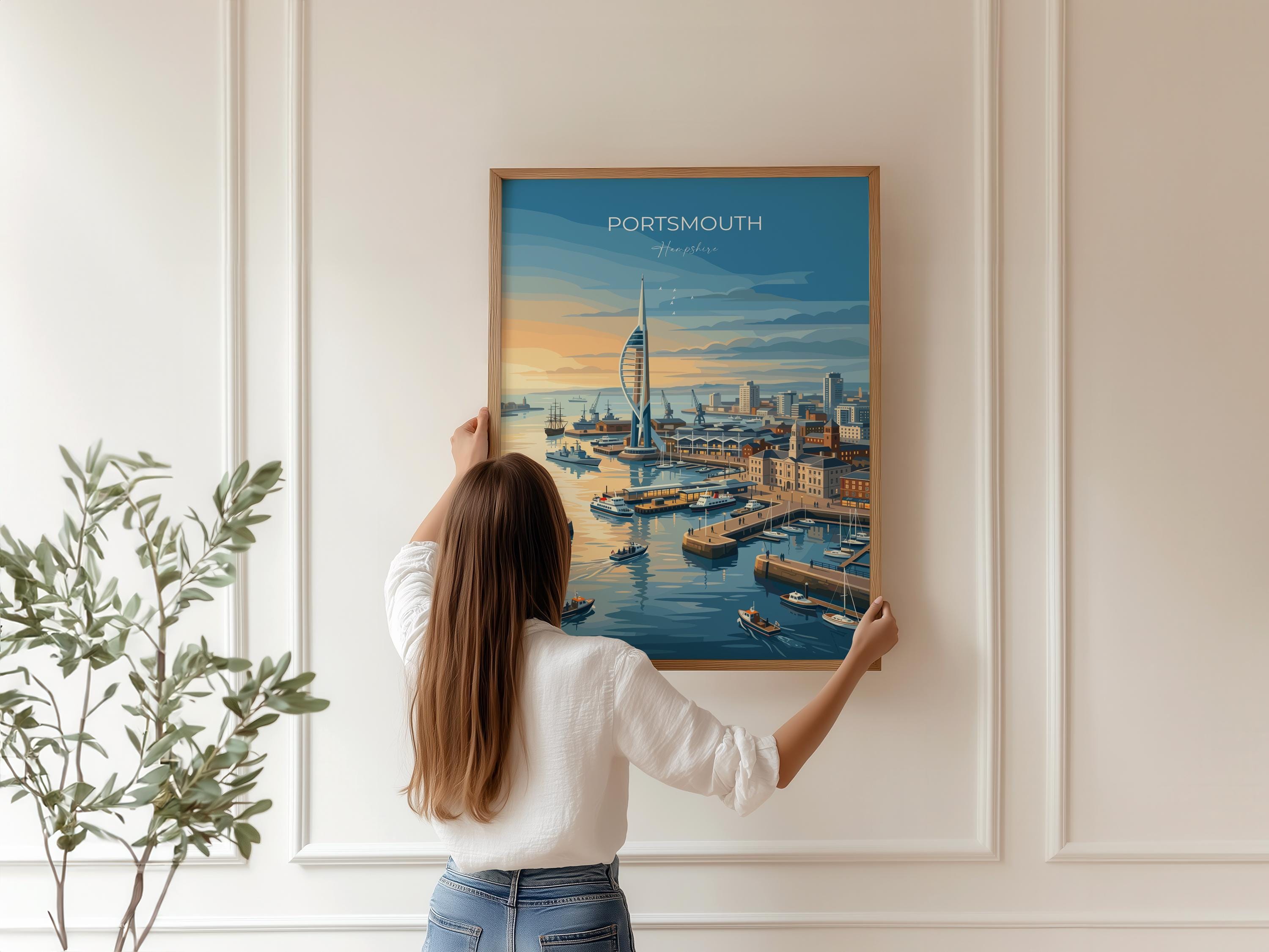 Portsmouth Travel Print Poster, Southsea & Spinnaker Tower Wall Art, Hampshire Coastal City Illustration, UK Travel Decor, Seaside Gift