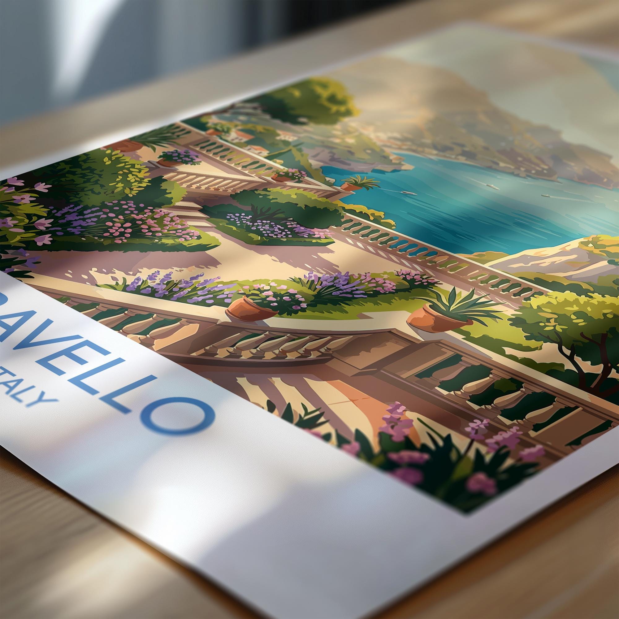 Ravello Italy Travel Poster, Amalfi Coast Wall Art, Mediterranean Cliffside Village Print, Scenic Coastal Illustration, Vintage Style Decor