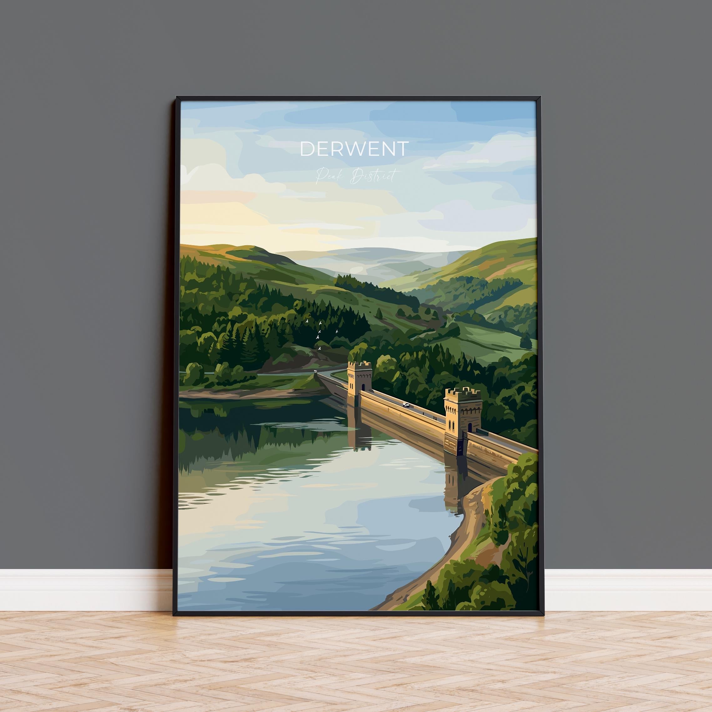 Derwent Reservoir Dam Travel Print, Peak District Wall Art, Ladybower Dam Poster, Derbyshire Landscape Illustration, UK Nature Decor NQ Media Designs