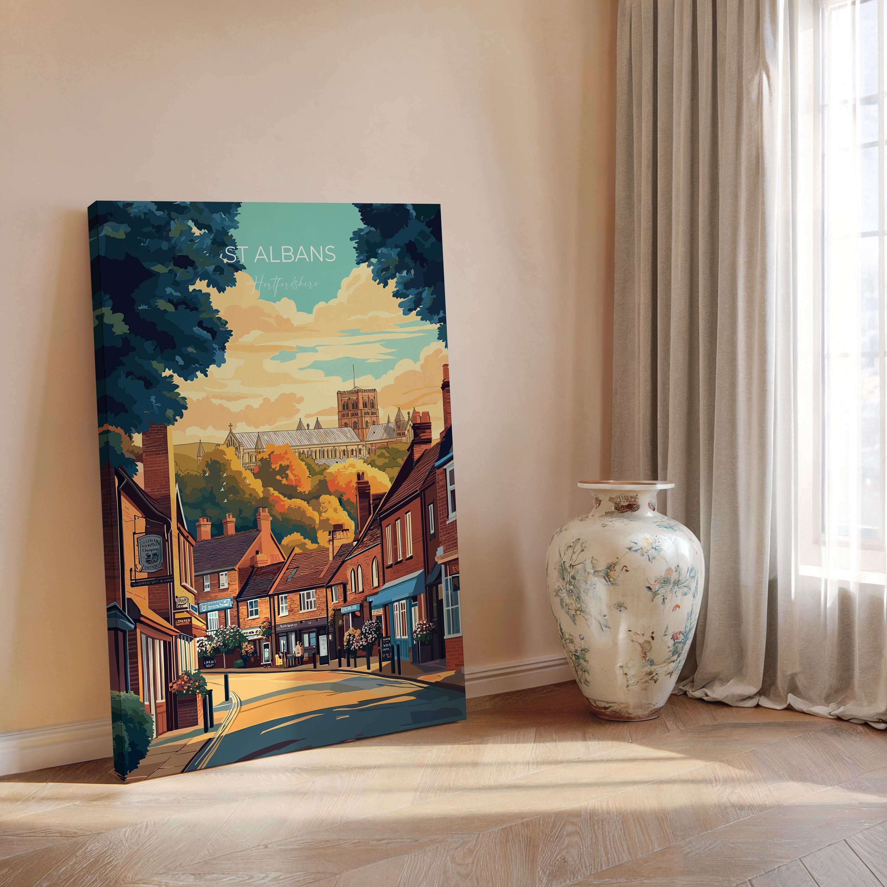 St Albans Travel Print Wall Art, Travel Poster of St Albans, Hertfordshire, England, English Cathedral City Gift NQ Media Designs