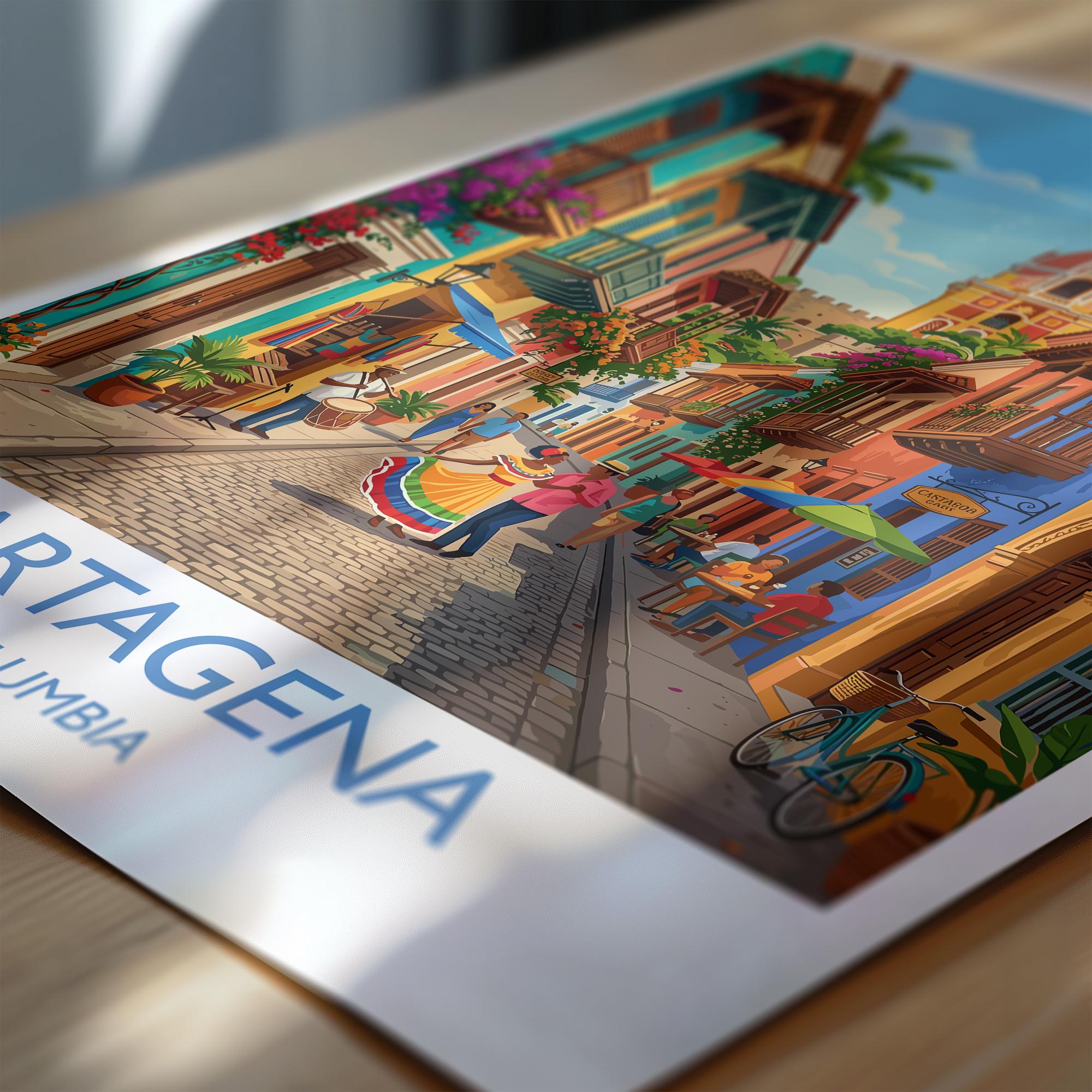 Cartagena Colombia Travel Poster, Colourful Old Town Street Art, Cartagena Street Scene Print, Caribbean Travel Wall Art, Vintage Style Art