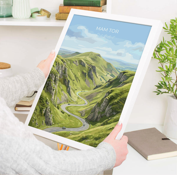 Mam Tor Travel Print, Peak District Wall Art, Derbyshire Landscape Poster, Great Ridge Illustration, UK Nature Decor, Peak District Gift