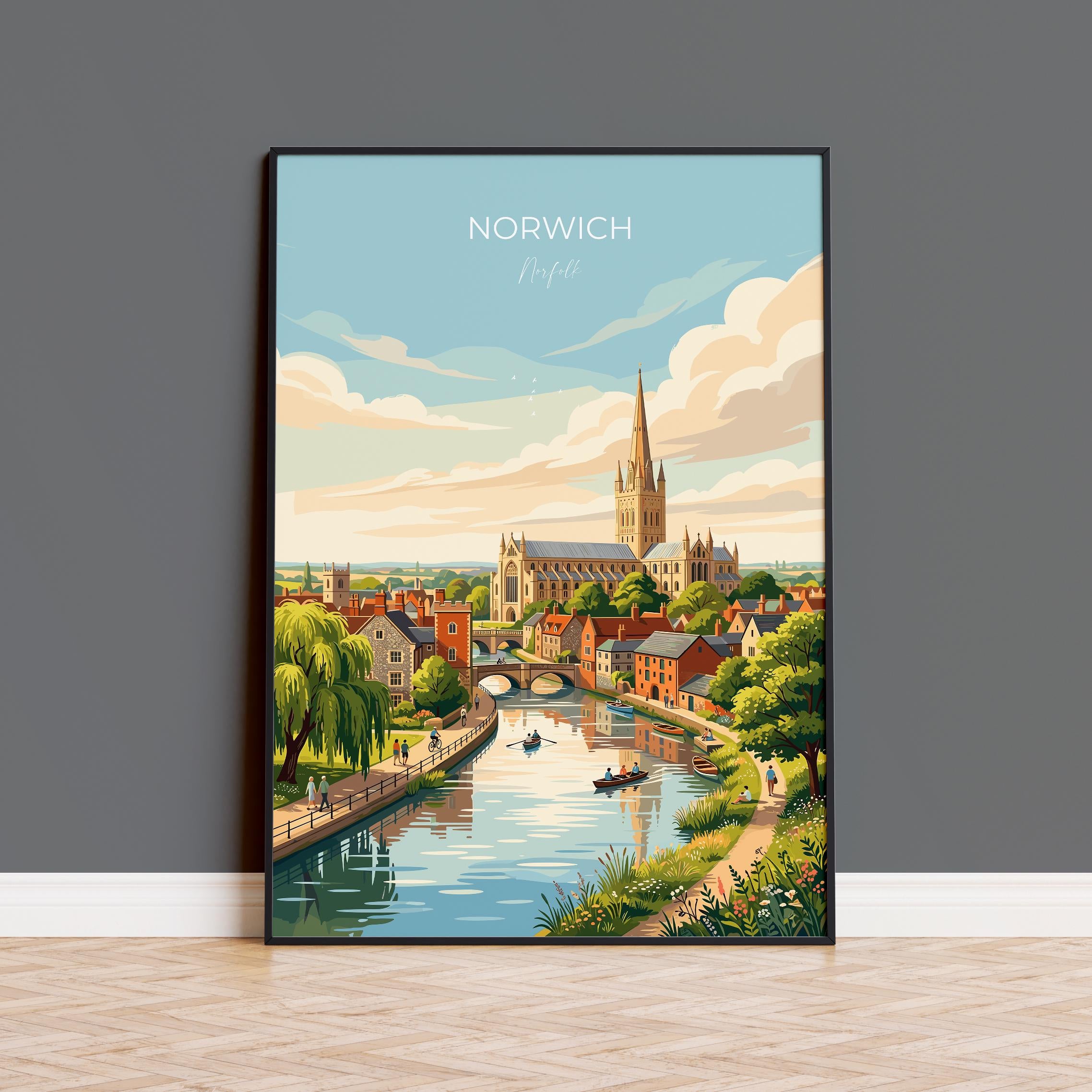 Norwich Norfolk Poster, Historic Cathedral City Wall Art, English City Travel Print, Norfolk Decor, UK Gift
