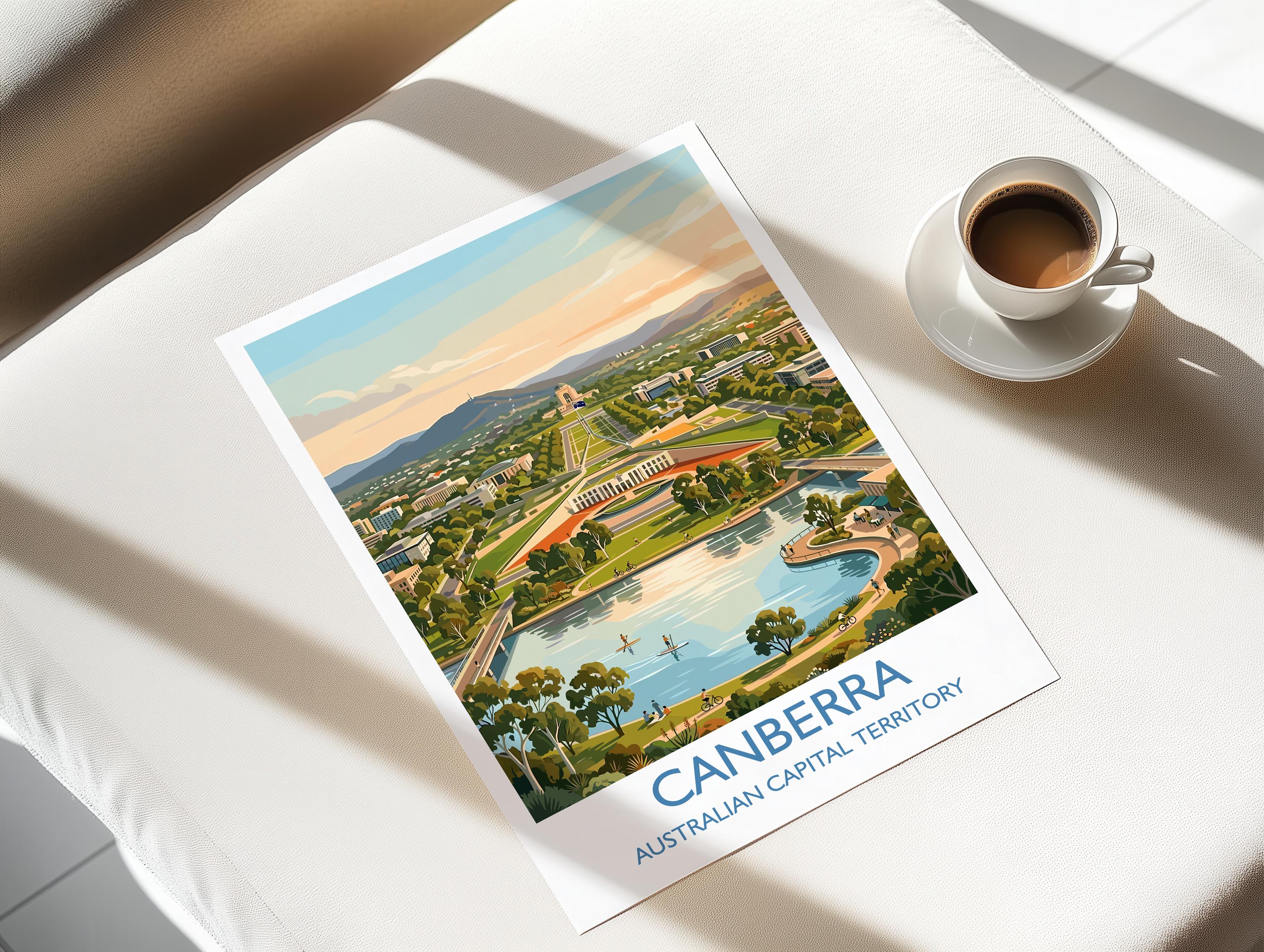 Canberra Australia Travel Poster, Parliament House Wall Art, Australian Capital City Print, Lake Burley Griffin Illustration, Australia Art