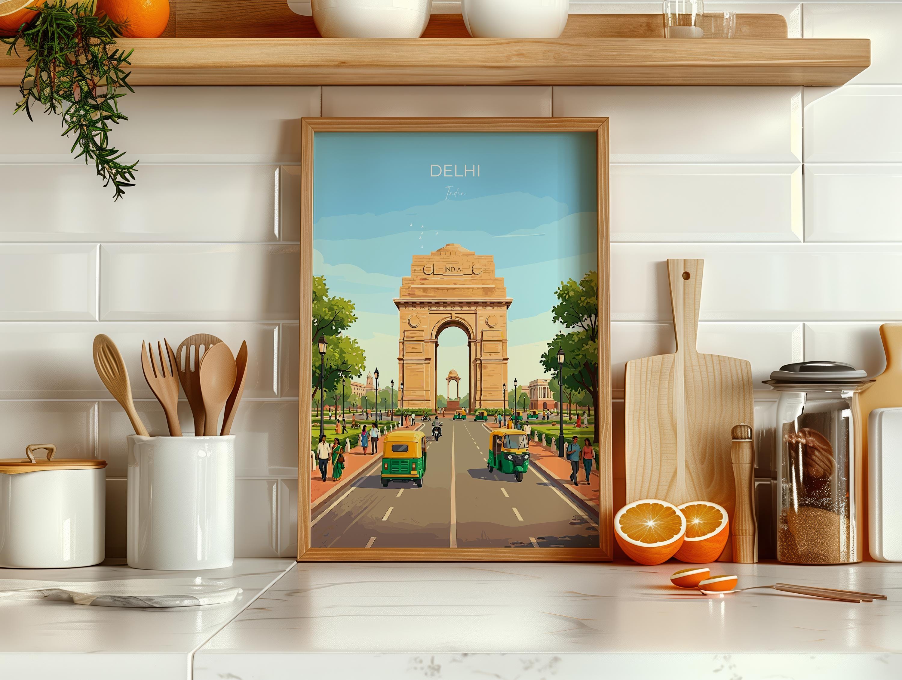 Delhi India Travel Print, India Gate Wall Art, New Delhi Landmark Poster, Historic Monument Illustration, Vintage Style Asia, India Gift