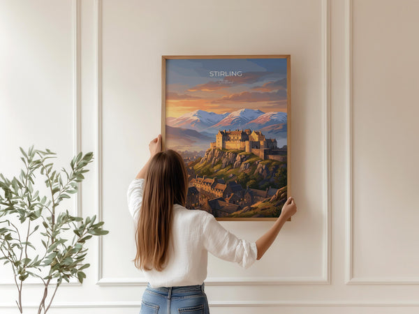 Stirling Castle Scotland Travel Print, Scottish Highlands Wall Art, Stirling Sunset Landscape Poster, Historic Castle Illustration, UK Decor