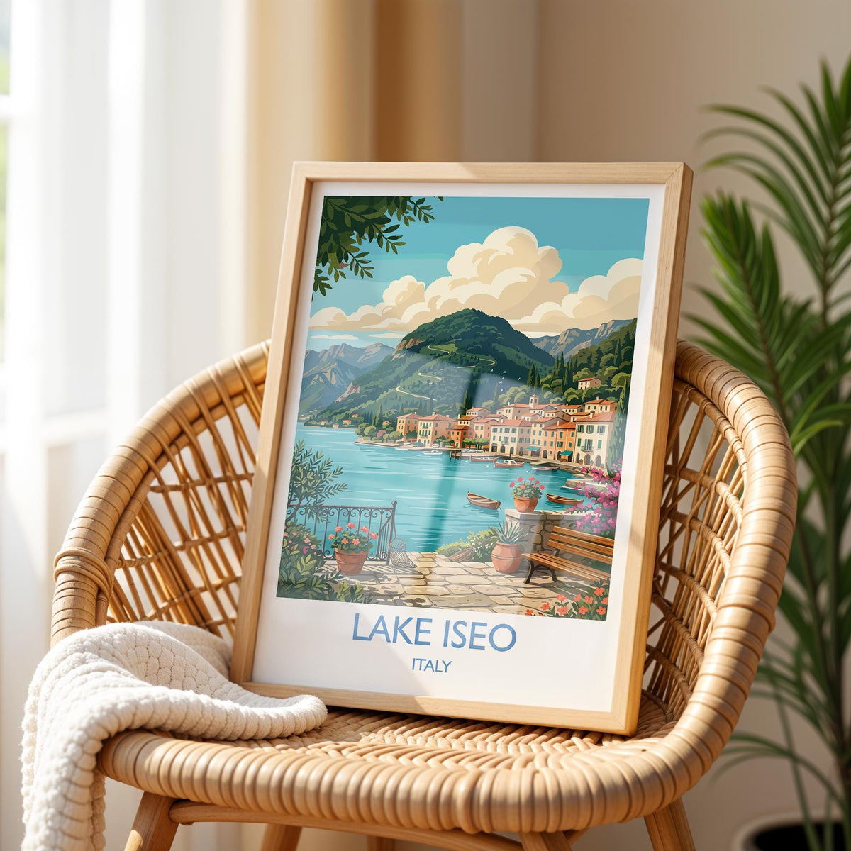 Lake Iseo Italy Print, Italian Lakes Wall Art with Border, Lombardy Poster, Lakeside Village Print, Iseo Gift