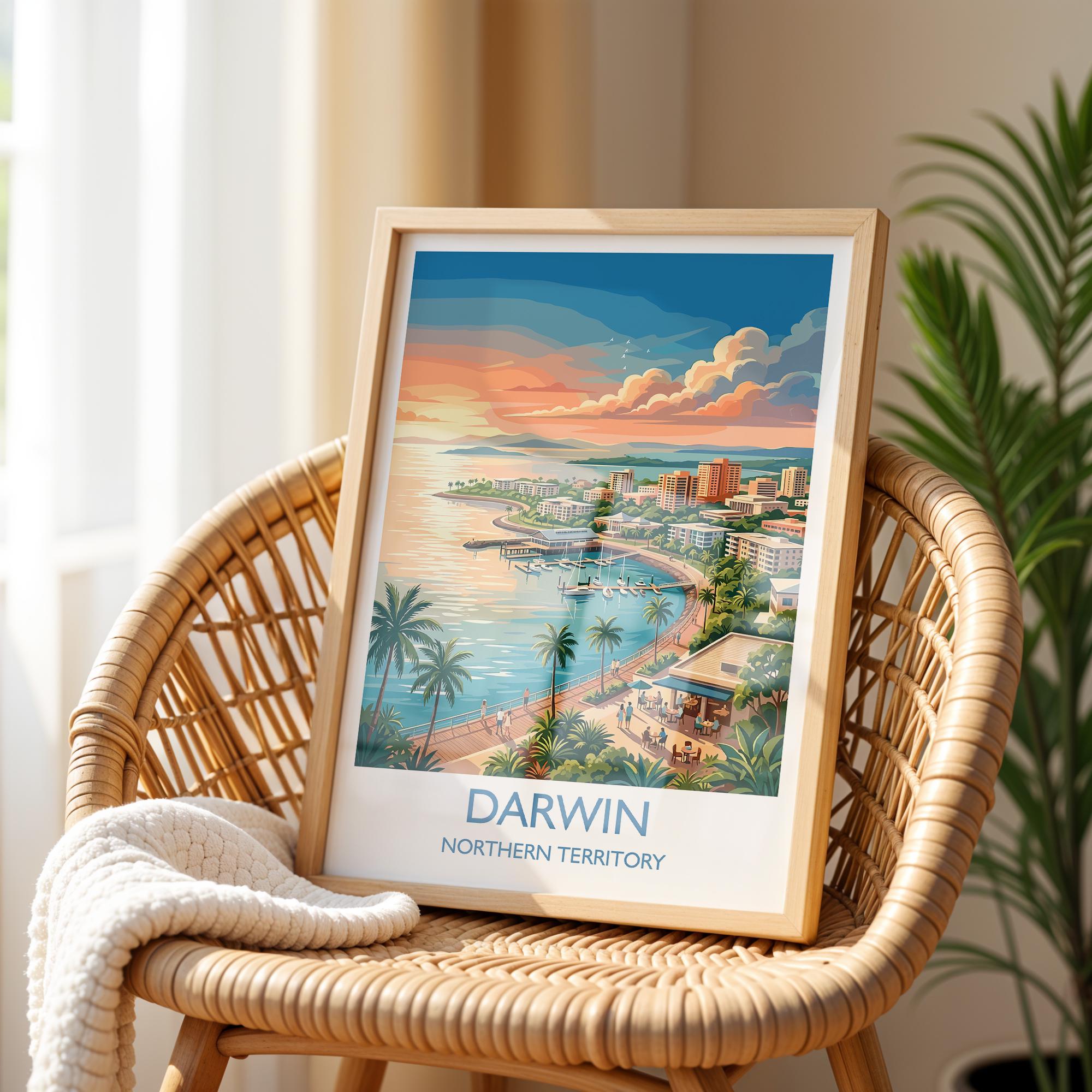 Darwin Australia Travel Poster, Darwin Waterfront Wall Art, Northern Territory Print, Tropical Cityscape Illustration, Australia Art Decor