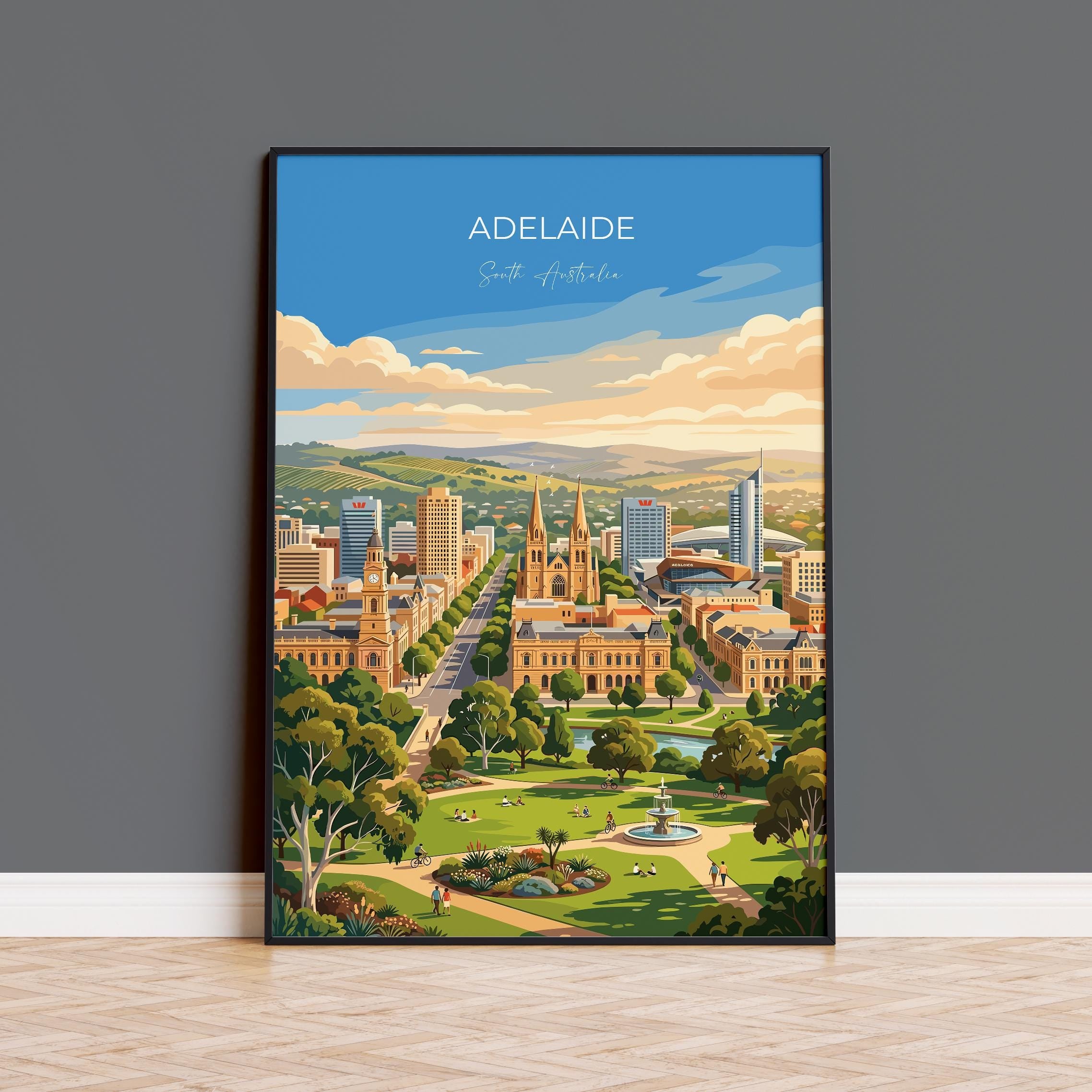 Adelaide Australia Travel Print, Adelaide Skyline Wall Art, River Torrens Poster, South Australia Cityscape Illustration, Australia Decor