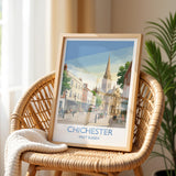 Chichester Cathedral Travel Poster, Chichester High Street Clock Tower Wall Art, West Sussex City Print, Historic England, Vintage Style UK