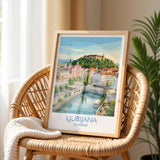 Ljubljana Slovenia Print, Dragon Bridge Wall Art with Border, Ljubljana Castle Poster, Slovenia Travel Print, Ljubljana Gift Print