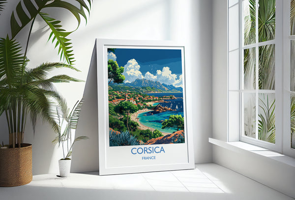 a picture of a tropical island in a frame on a window sill