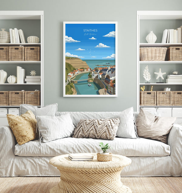 Staithes Travel Poster, Travel Print of Staithes, Yorkshire Gift, England, North Yorkshire Art, Whitby Gift, Wall Art Print