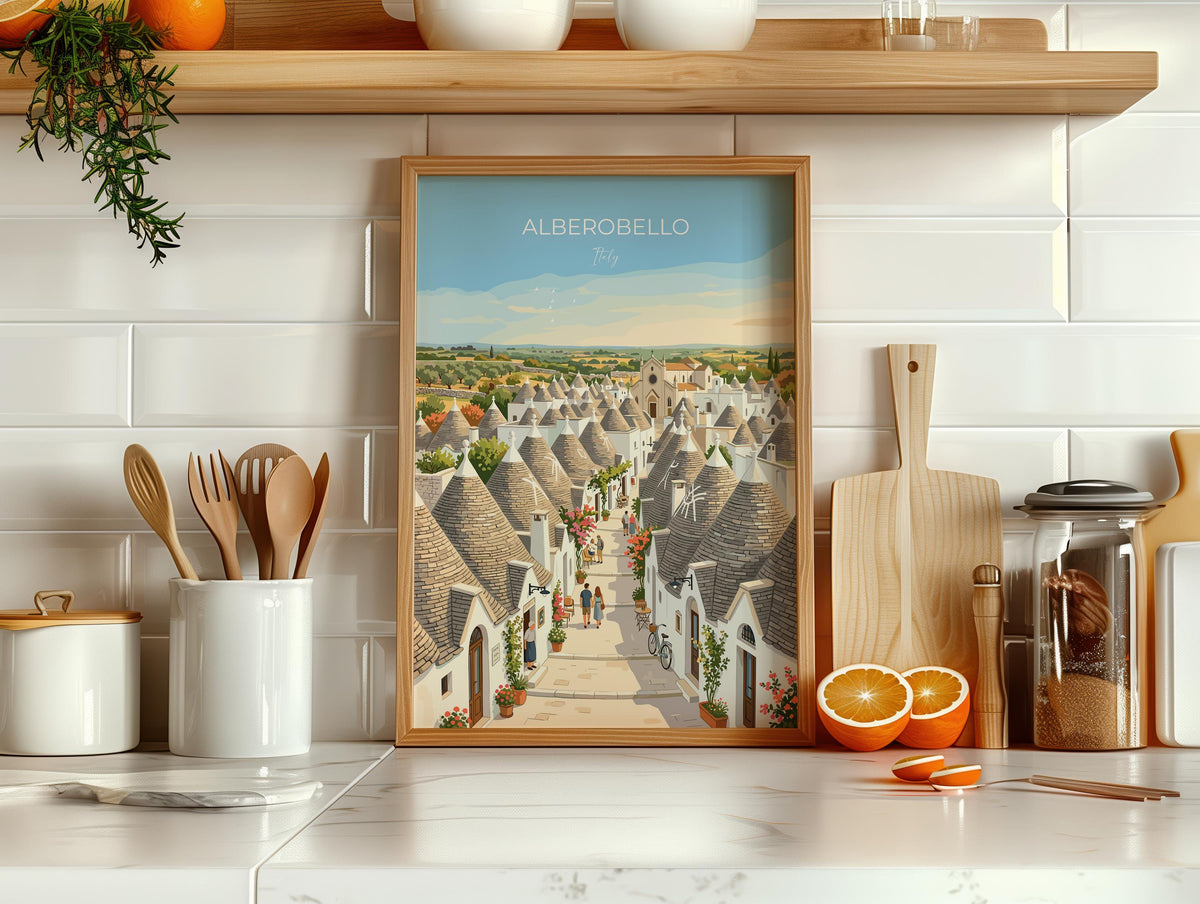 Alberobello Italy Poster, Trulli Houses Wall Art, Puglia Village Print, Italian Travel Poster, Alberobello Gift