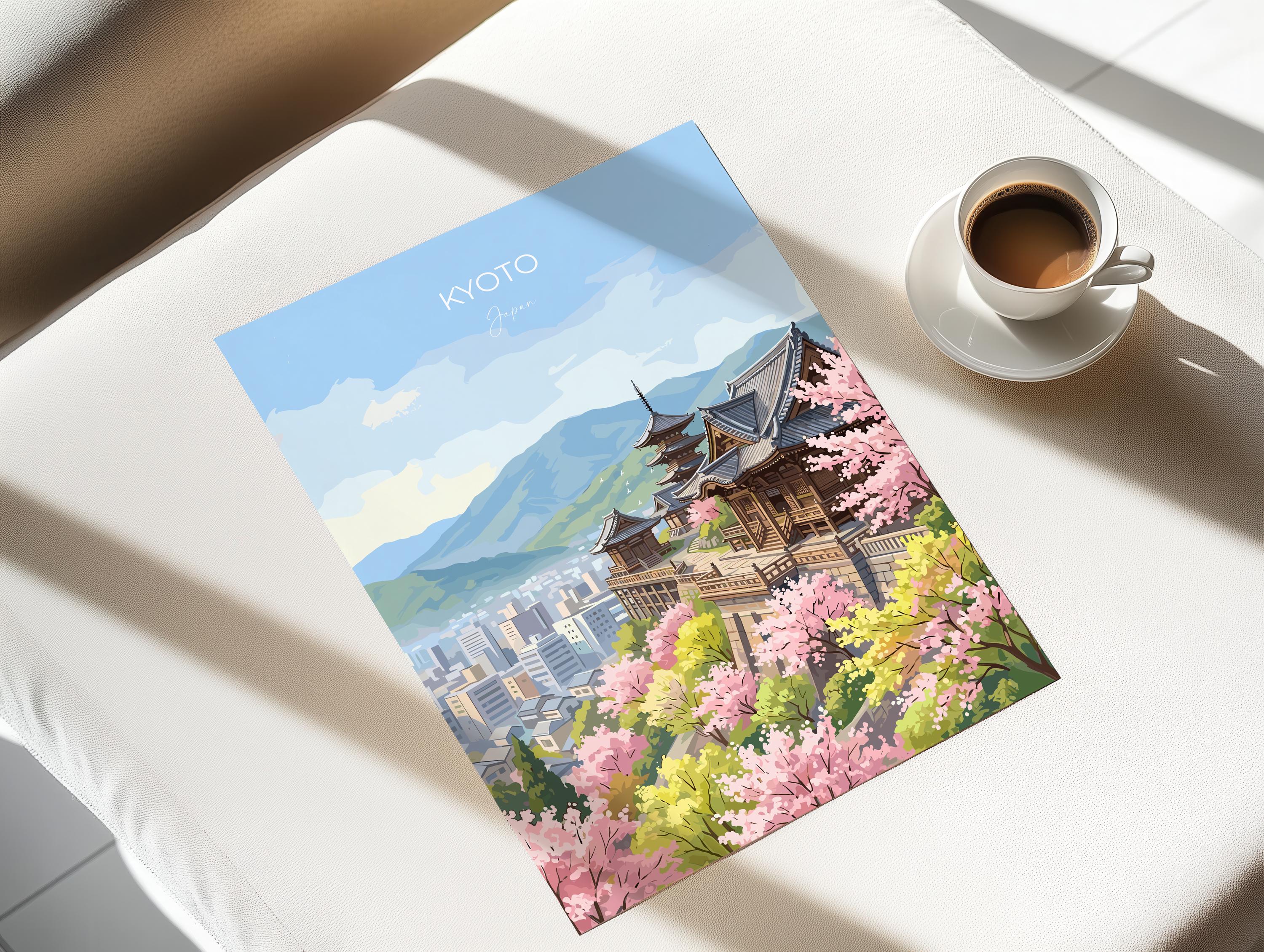 Kyoto Japan Travel Print, Cherry Blossom Temple Wall Art, Japanese Landscape Poster, Sakura Illustration, Asia Decor, Kyoto Gift
