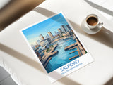 Salford Quays Travel Poster, Salford Manchester Wall Art, MediaCityUK Waterfront Print, Modern Skyline Illustration, Vintage Style UK Decor