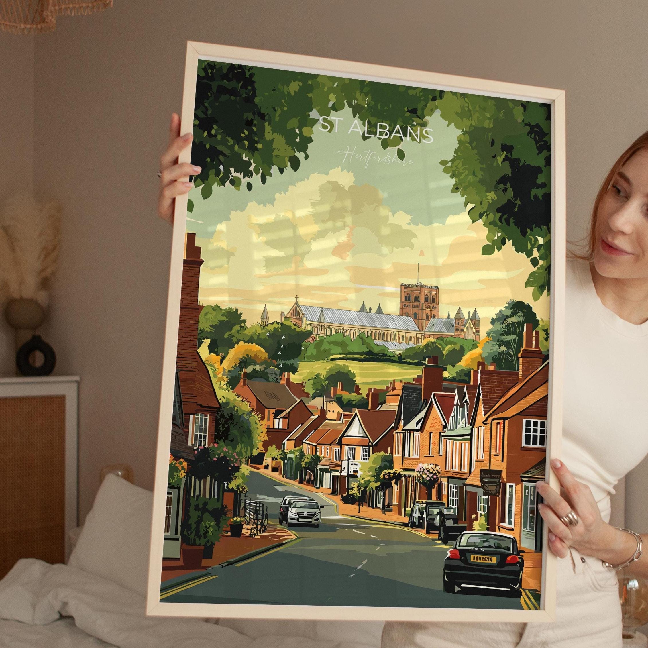 St Albans Travel Print Wall Art, Travel Poster of St Albans, Hertfordshire, England, English Cathedral City Gift NQ Media Designs