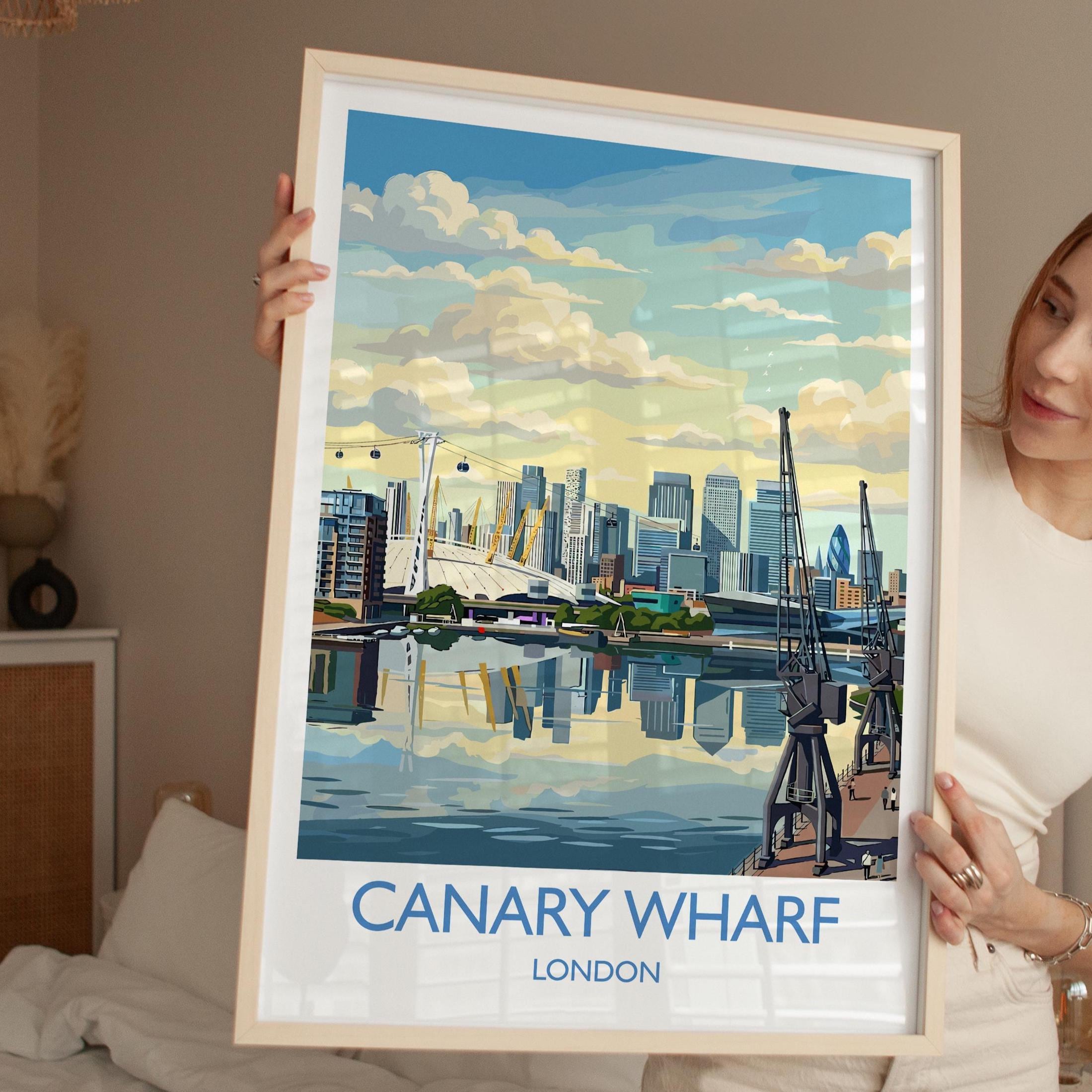 Canary Wharf London Travel Poster, Royal Victoria Dock Wall Art, London Skyline Print, O2 & Cable Car, East London Travel Poster