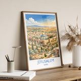 Jerusalem Israel Travel Poster, Old City Wall Art, Dome of the Rock Print, Jerusalem Skyline Illustration, Historic Middle East Decor