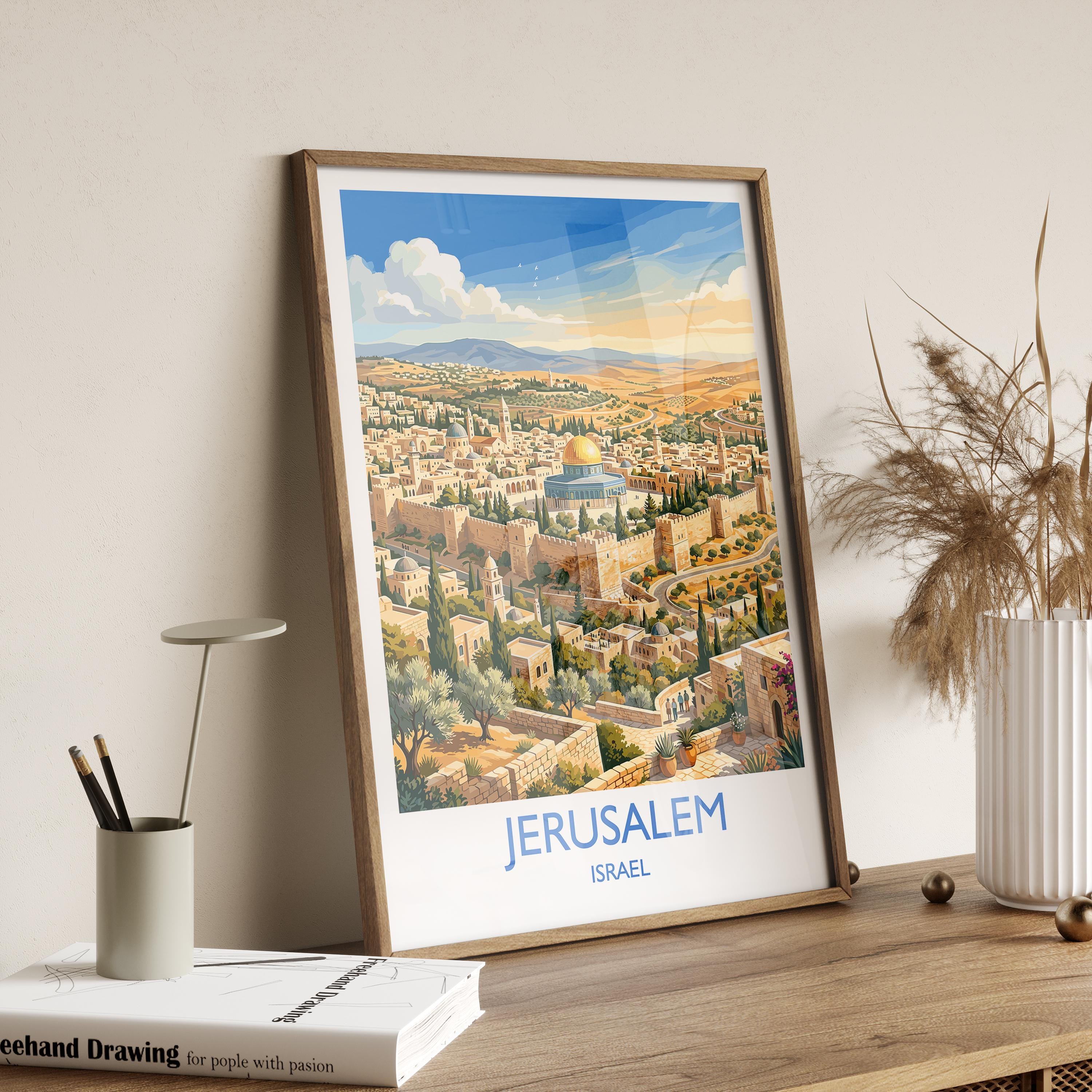 Jerusalem Israel Travel Poster, Old City Wall Art, Dome of the Rock Print, Jerusalem Skyline Illustration, Historic Middle East Decor