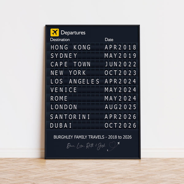 Favourite Places Travel Gift, Travel Destinations, Airport Departure Print Wall Art, Personalised Memories Poster, Holiday Art Lovers Gift