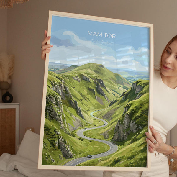 Mam Tor Travel Print, Peak District Wall Art, Derbyshire Landscape Poster, Great Ridge Illustration, UK Nature Decor, Peak District Gift
