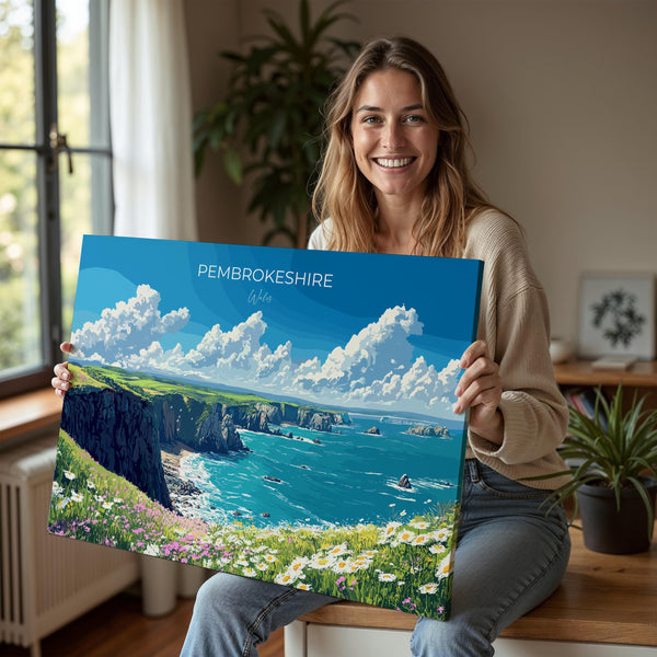 Pembrokeshire Landscape Travel Print, Travel Poster of Pembrokeshire, Wales, Pembrokeshire Art Lovers Gift, Wales Gift Art, Wall Art Print