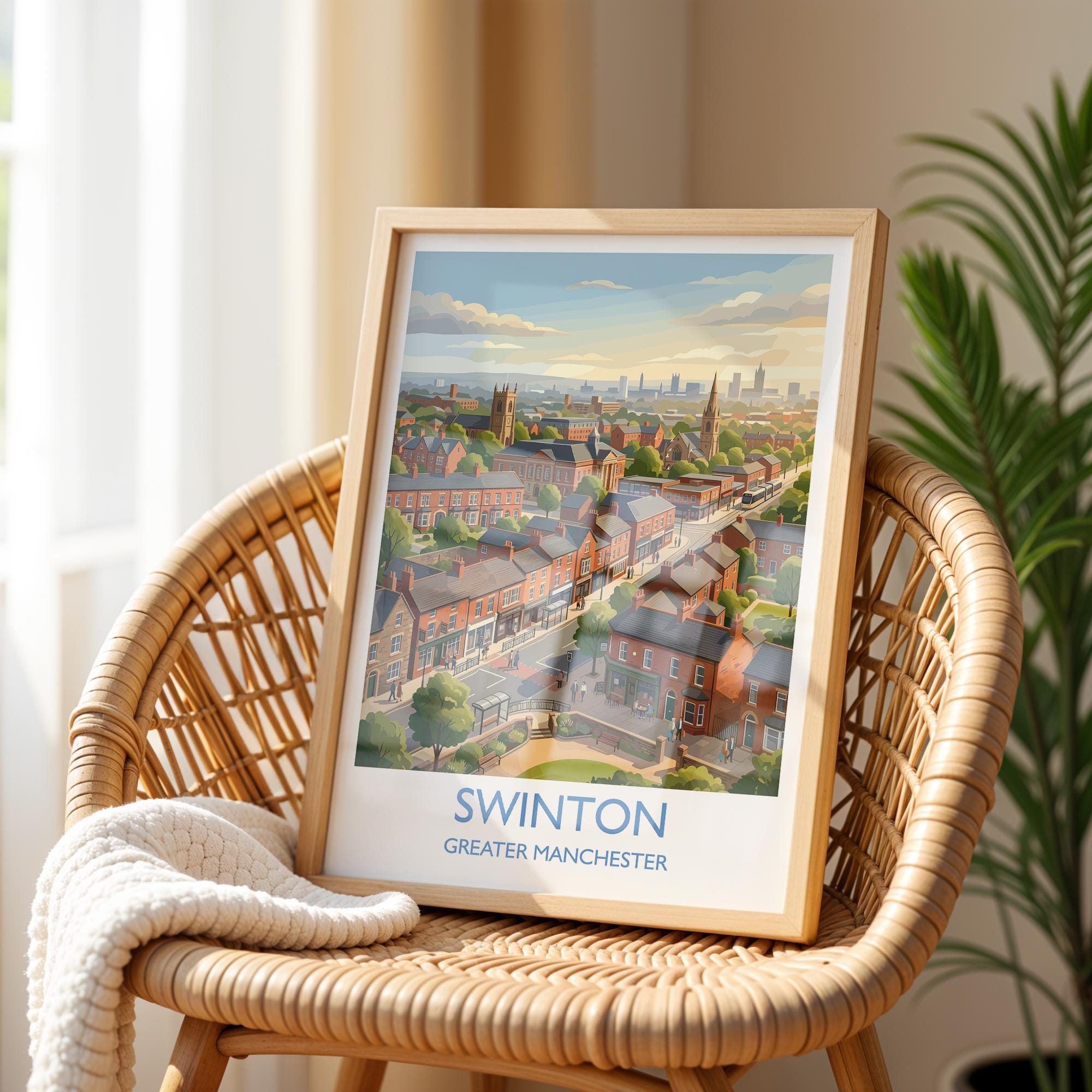 Swinton Travel Poster, Manchester Wall Art, Greater Manchester Print, Modern Skyline Illustration, Vintage Style UK Decor