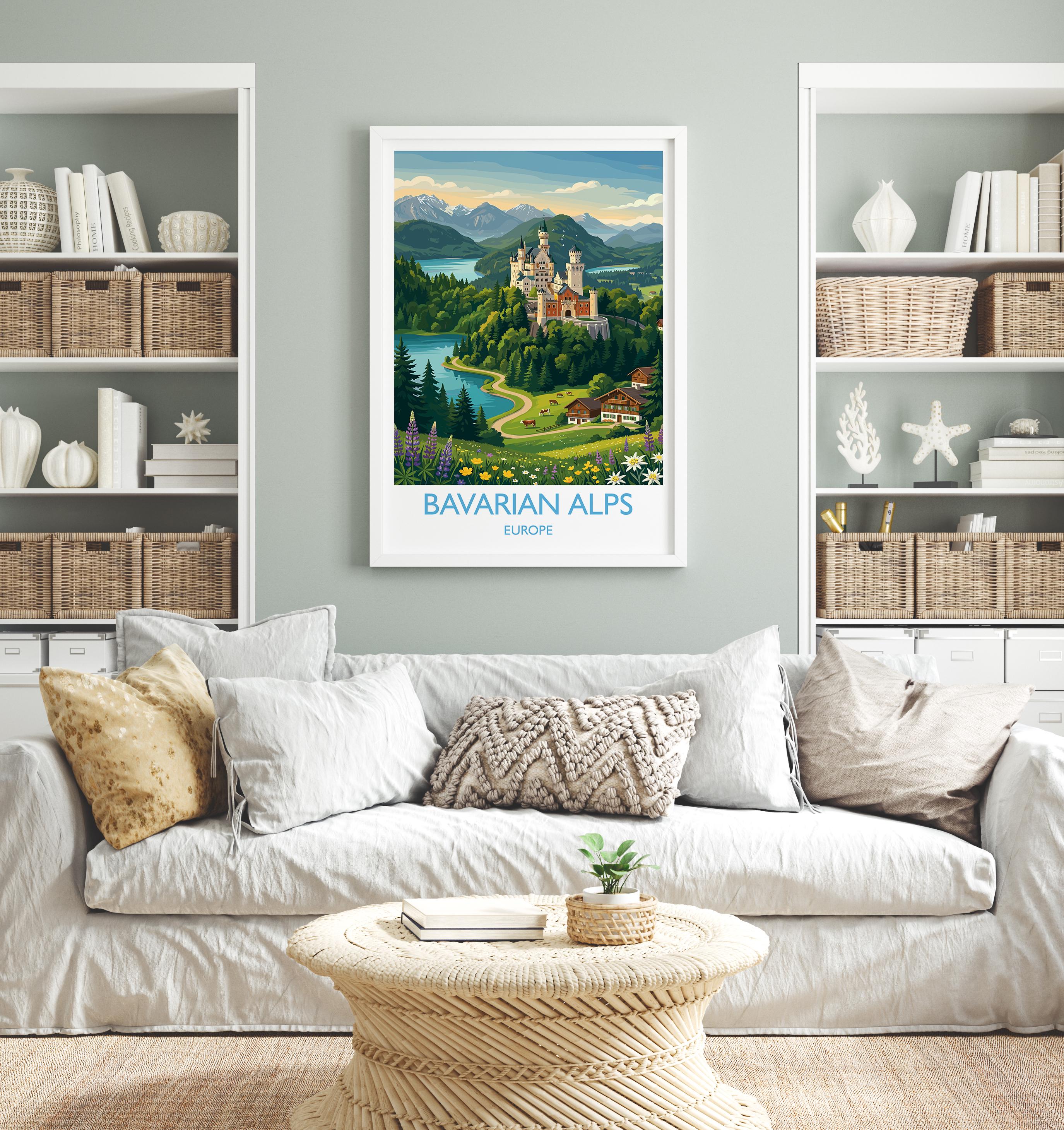 Bavarian Alps Travel Poster, Neuschwanstein Castle Wall Art, Bavaria Germany Print, Alpine Mountain Landscape Illustration, Europe Decor