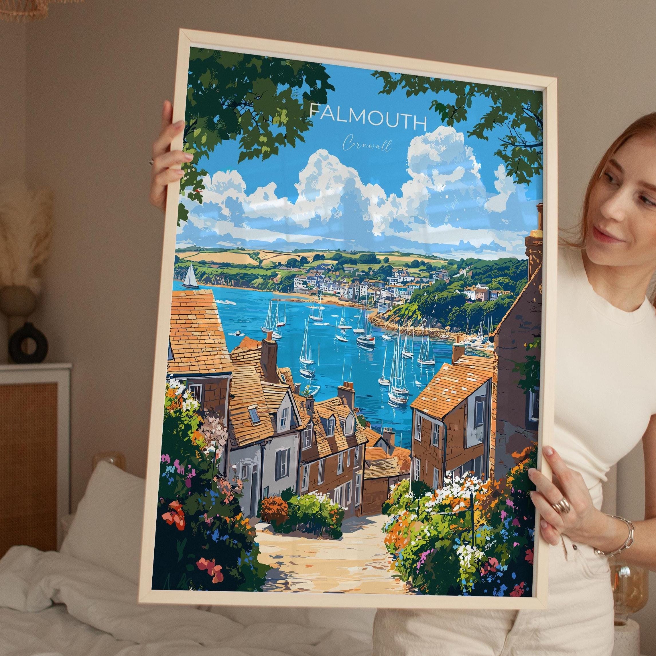 Falmouth Travel Poster, Travel Print of Falmouth, England, Cornwall Art, Falmouth Art Lovers Gift, Wall Art Print NQ Media Designs