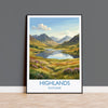 Scottish Highlands Travel Poster, Scotland Landscape Wall Art, Mountain & Loch Print, Dramatic Nature Illustration, UK Decor, Scotland Gift